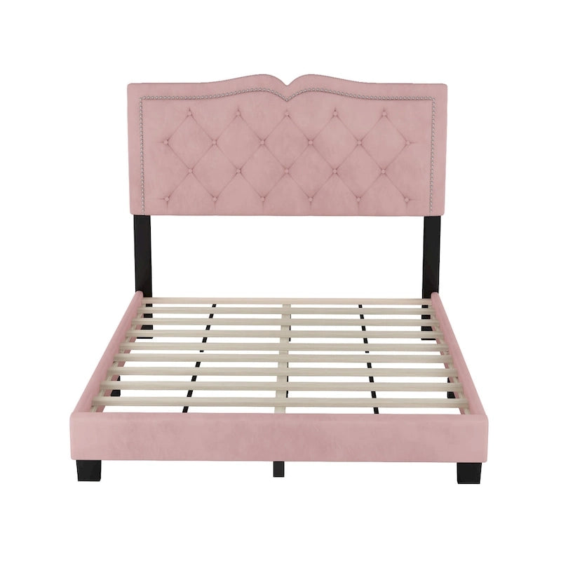 Lit plateforme moderne pleine grandeur rose en velours rembourré avec tête de lit capitonnée en velours moelleux pour chambre à coucher