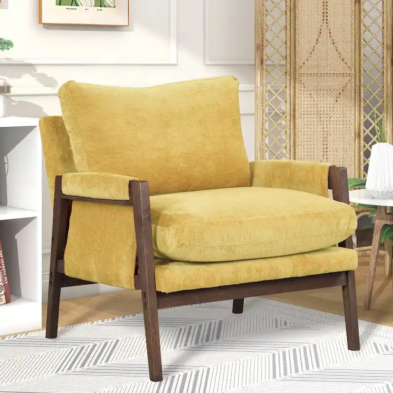 Fauteuil jaune en velours de 35,4 po de style Mid-Century Modern avec cadre en bois d'hévéa massif et pieds rembourrés