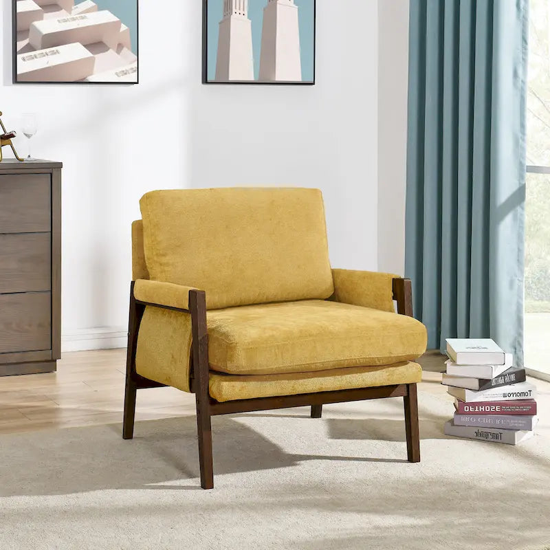 Fauteuil jaune en velours de 35,4 po de style Mid-Century Modern avec cadre en bois d'hévéa massif et pieds rembourrés