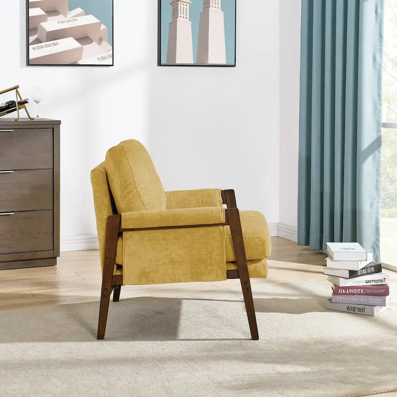 Fauteuil jaune en velours de 35,4 po de style Mid-Century Modern avec cadre en bois d'hévéa massif et pieds rembourrés