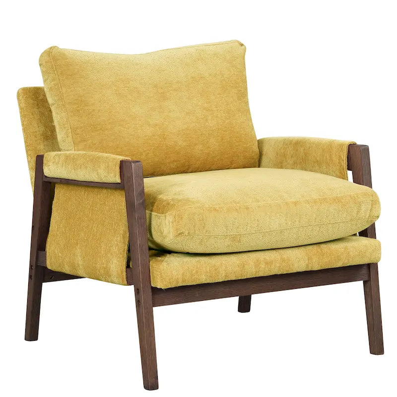 Fauteuil jaune en velours de 35,4 po de style Mid-Century Modern avec cadre en bois d'hévéa massif et pieds rembourrés