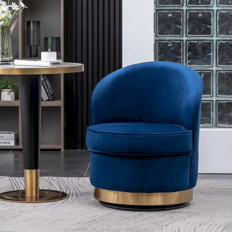 Fauteuil d'appoint moderne bleu 22 en velours avec piètement rond pivotant en métal pour le salon