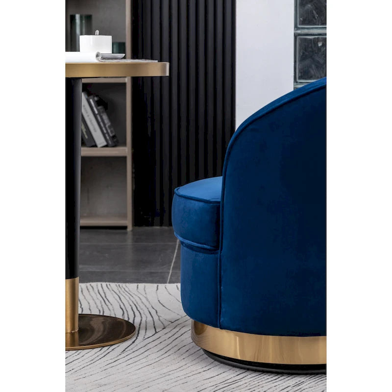 Fauteuil d'appoint moderne bleu 22 en velours avec piètement rond pivotant en métal pour le salon