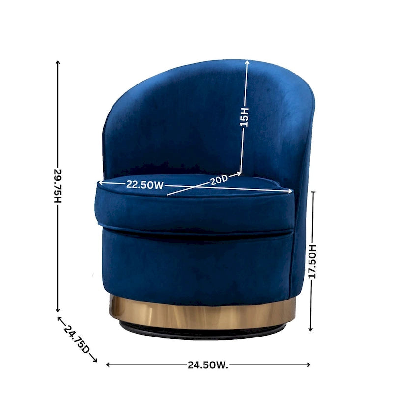 Fauteuil d'appoint moderne bleu 22 en velours avec piètement rond pivotant en métal pour le salon