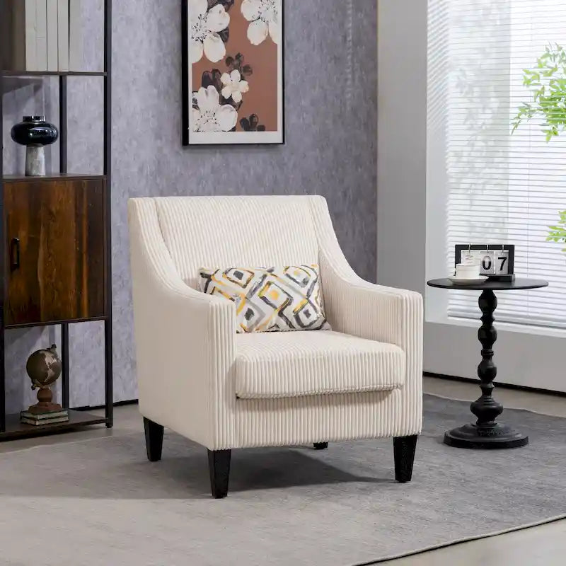 Fauteuil moderne beige de 68 cm avec accoudoirs incurvés et pieds en bois d'hévéa pour salon