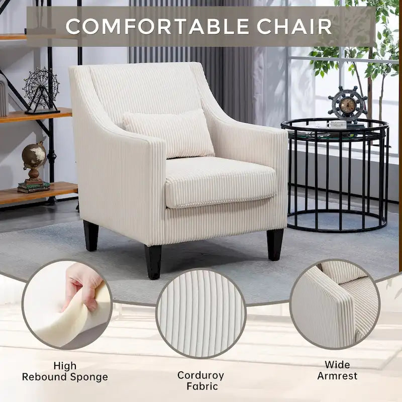 Fauteuil moderne beige de 68 cm avec accoudoirs incurvés et pieds en bois d'hévéa pour salon