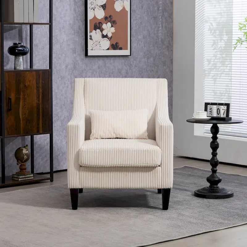Fauteuil moderne beige de 68 cm avec accoudoirs incurvés et pieds en bois d'hévéa pour salon