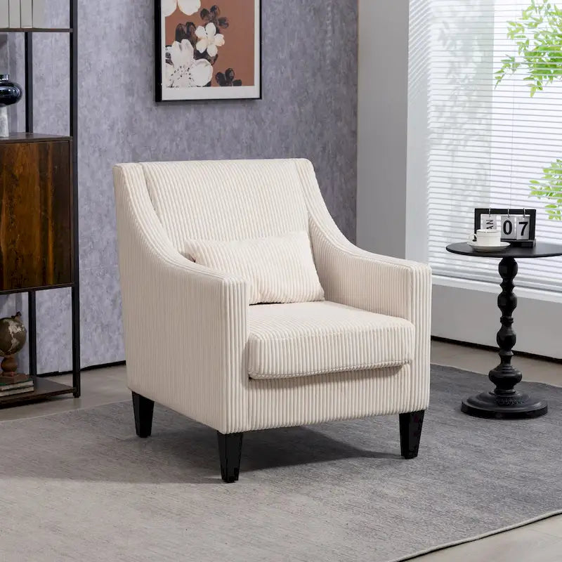 Fauteuil moderne beige de 68 cm avec accoudoirs incurvés et pieds en bois d'hévéa pour salon