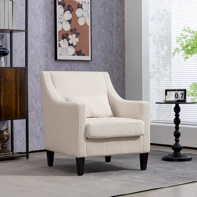 Fauteuil moderne beige de 68 cm avec accoudoirs incurvés et pieds en bois d'hévéa pour salon