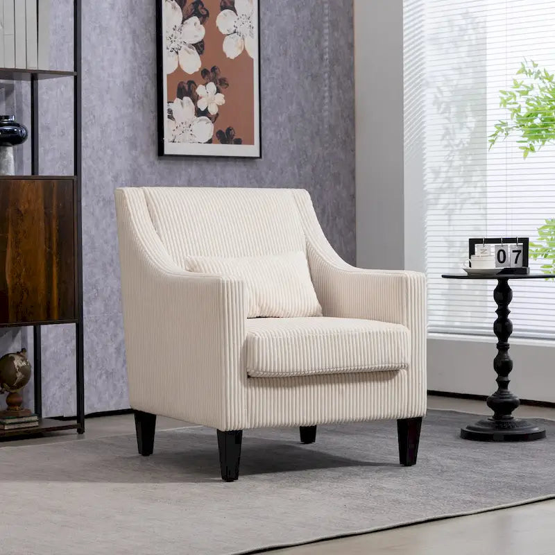 Fauteuil moderne beige de 68 cm avec accoudoirs incurvés et pieds en bois d'hévéa pour salon