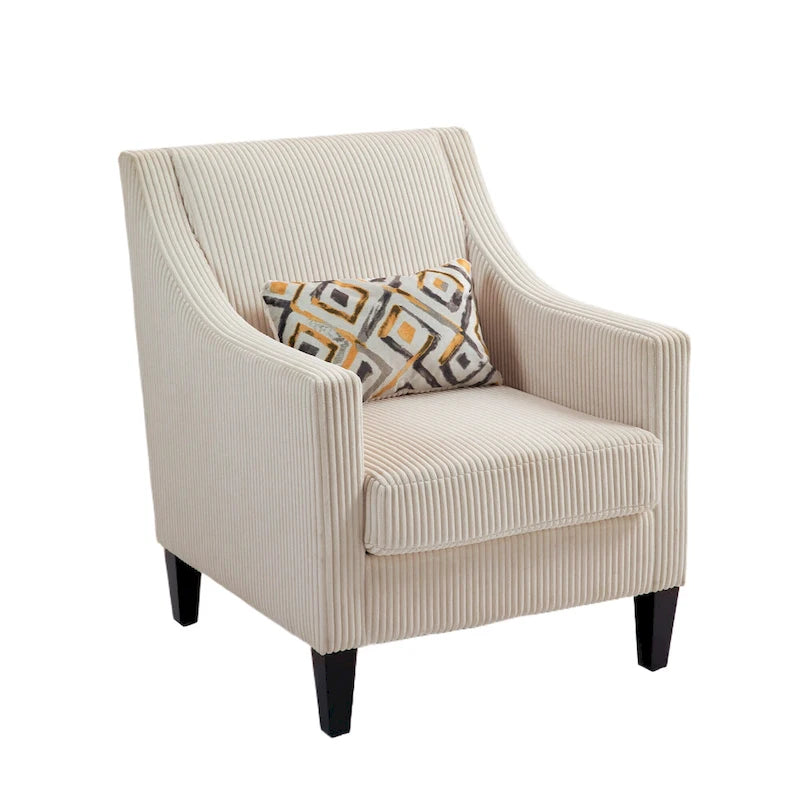 Fauteuil moderne beige de 68 cm avec accoudoirs incurvés et pieds en bois d'hévéa pour salon
