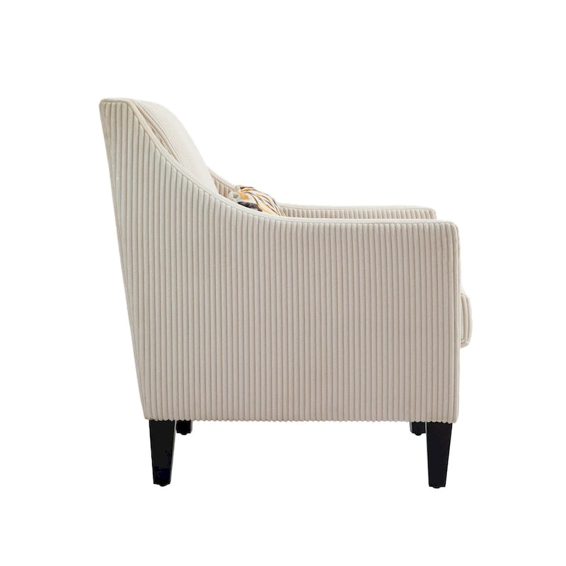 Fauteuil moderne beige de 68 cm avec accoudoirs incurvés et pieds en bois d'hévéa pour salon
