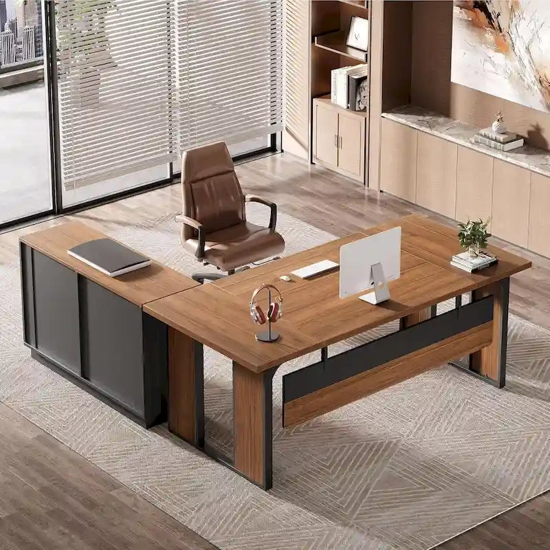 Bureau en L avec caisson de rangement de 47 pouces – Meuble en bois pour bureau à domicile