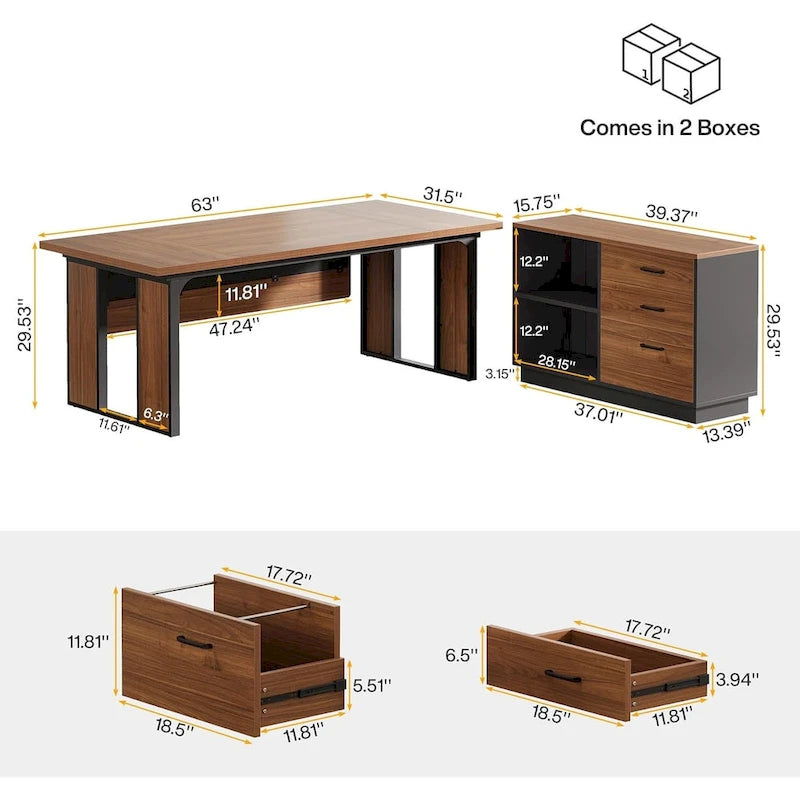 Bureau en L avec caisson de rangement de 47 pouces – Meuble en bois pour bureau à domicile