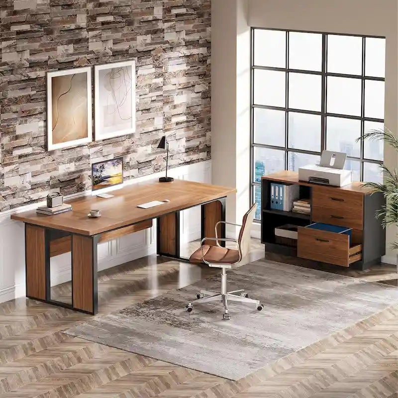 Bureau en L avec caisson de rangement de 47 pouces – Meuble en bois pour bureau à domicile