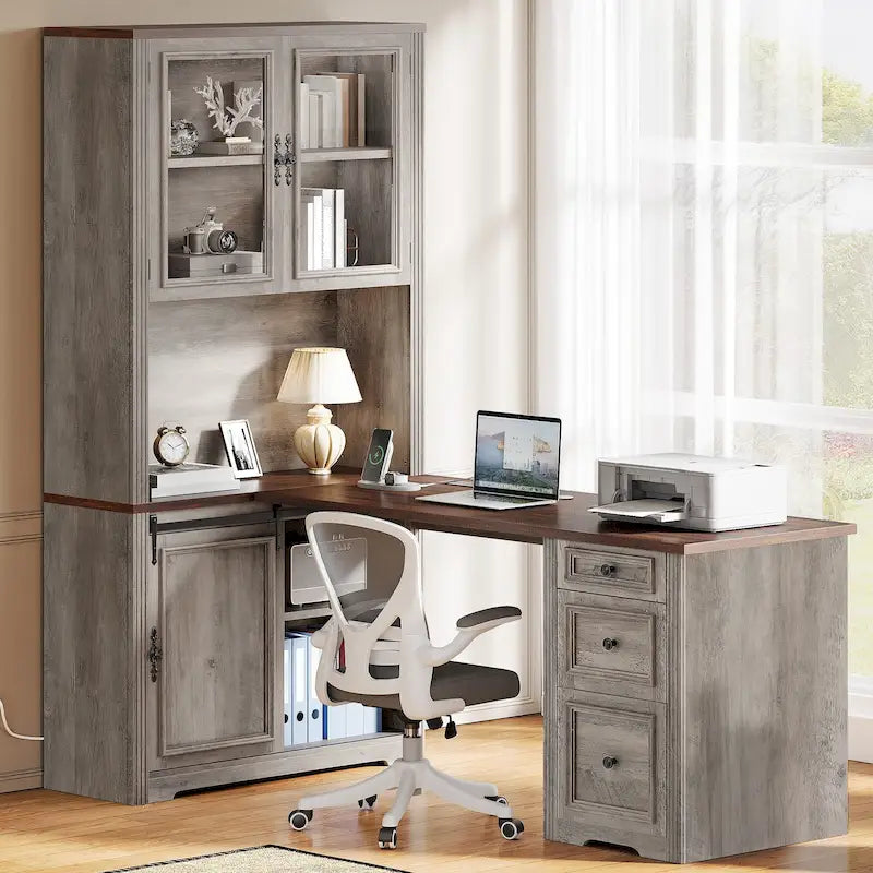 Bureau d'angle d'ordinateur de style ferme avec étagères et tiroirs