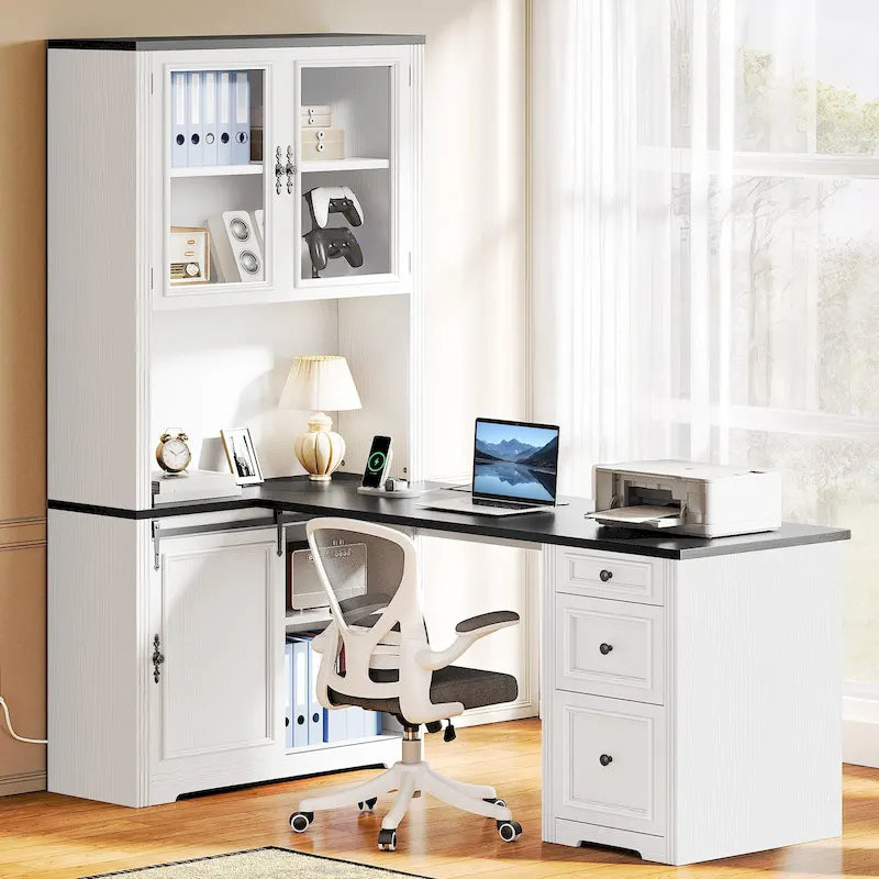 Bureau d'angle d'ordinateur de style ferme avec étagères et tiroirs