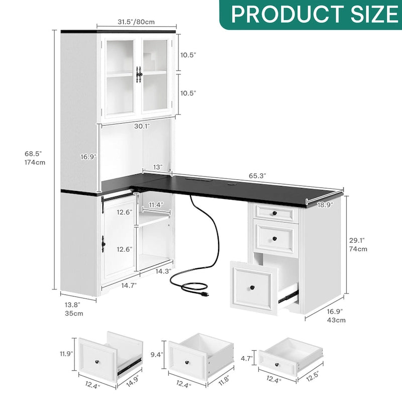 Bureau d'angle d'ordinateur de style ferme avec étagères et tiroirs