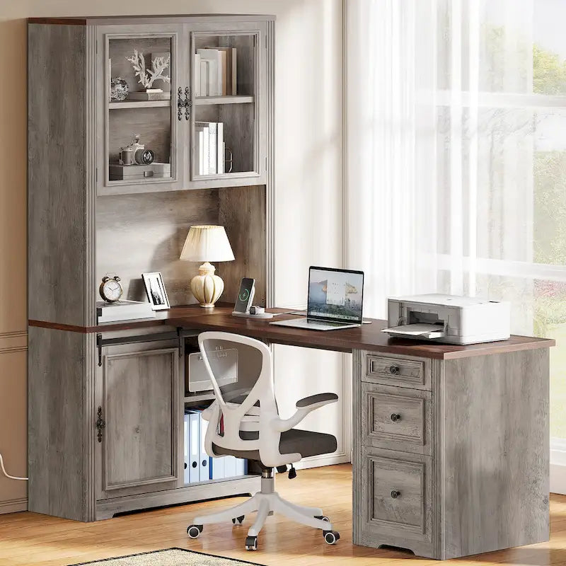 Bureau d'angle d'ordinateur de style ferme avec étagères et tiroirs