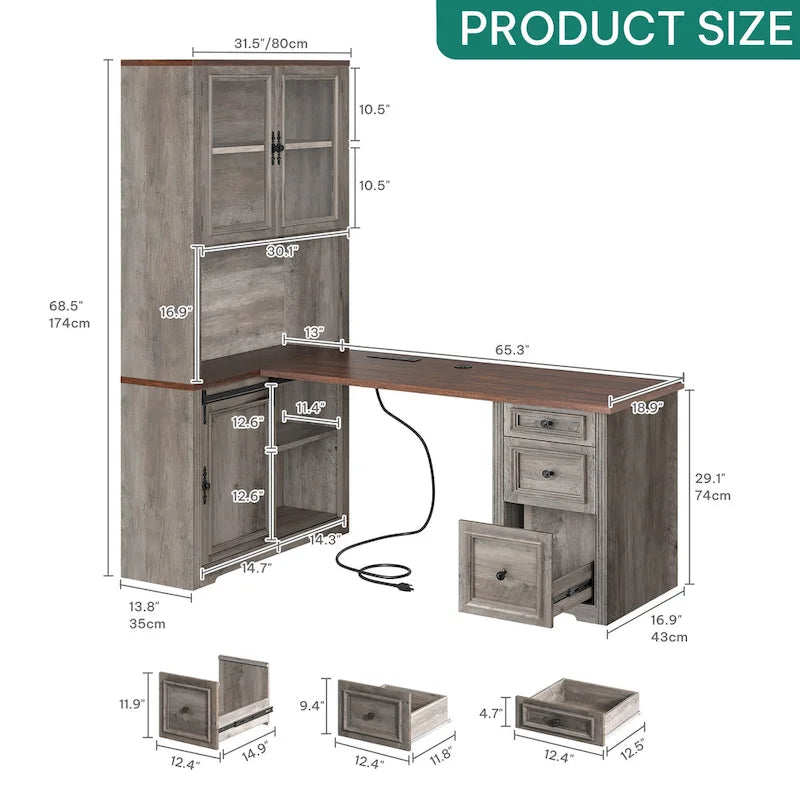 Bureau d'angle d'ordinateur de style ferme avec étagères et tiroirs