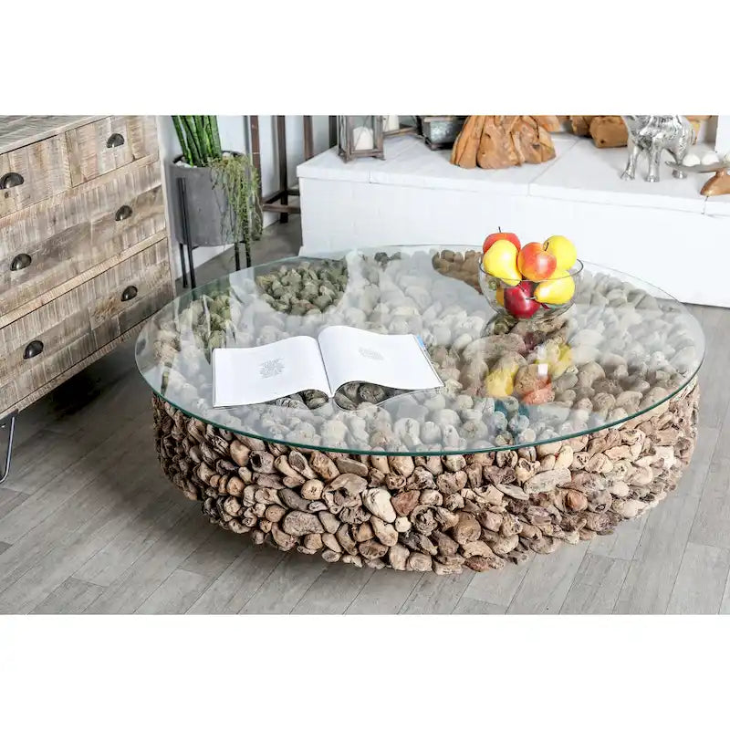 Table basse en bois flotté faite à la main avec collage et base piédestal, plateau en verre trempé - Marron