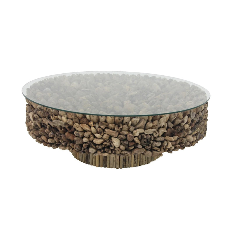 Table basse en bois flotté faite à la main avec collage et base piédestal, plateau en verre trempé - Marron