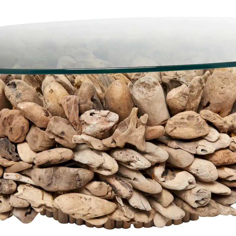 Table basse en bois flotté faite à la main avec collage et base piédestal, plateau en verre trempé - Marron