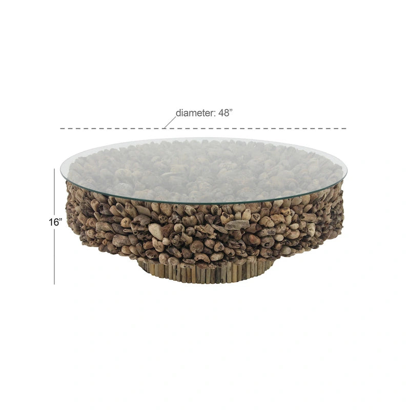 Table basse en bois flotté faite à la main avec collage et base piédestal, plateau en verre trempé - Marron