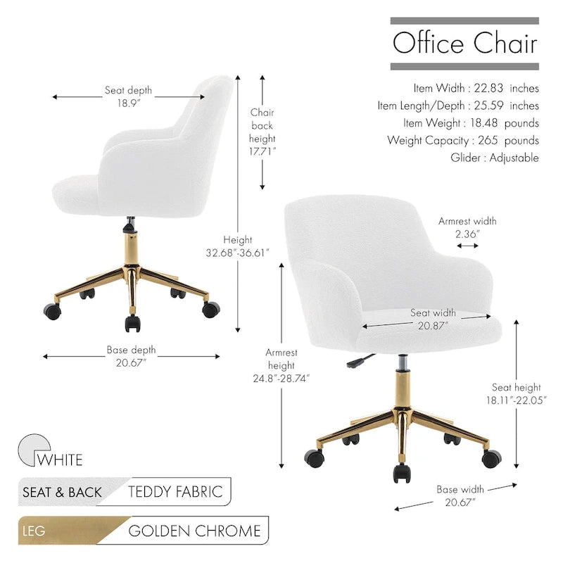 Chaise de bureau pivotante, tissu bouclette, pieds en chrome doré