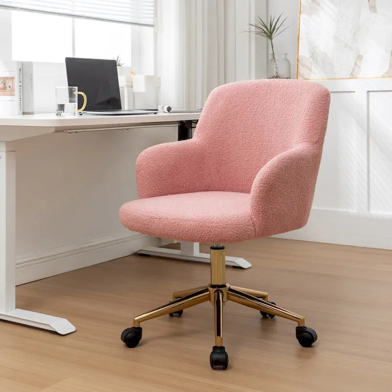 Chaise de bureau pivotante, tissu bouclette, pieds en chrome doré
