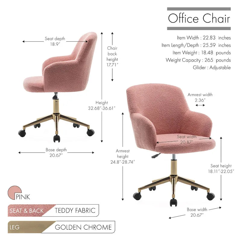 Chaise de bureau pivotante, tissu bouclette, pieds en chrome doré