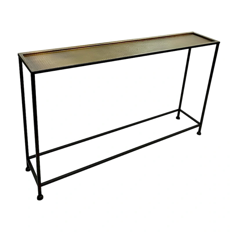 Console de canapé de 48 pouces, plateau en bronze antique martelé artisanal, structure en fer noir industriel