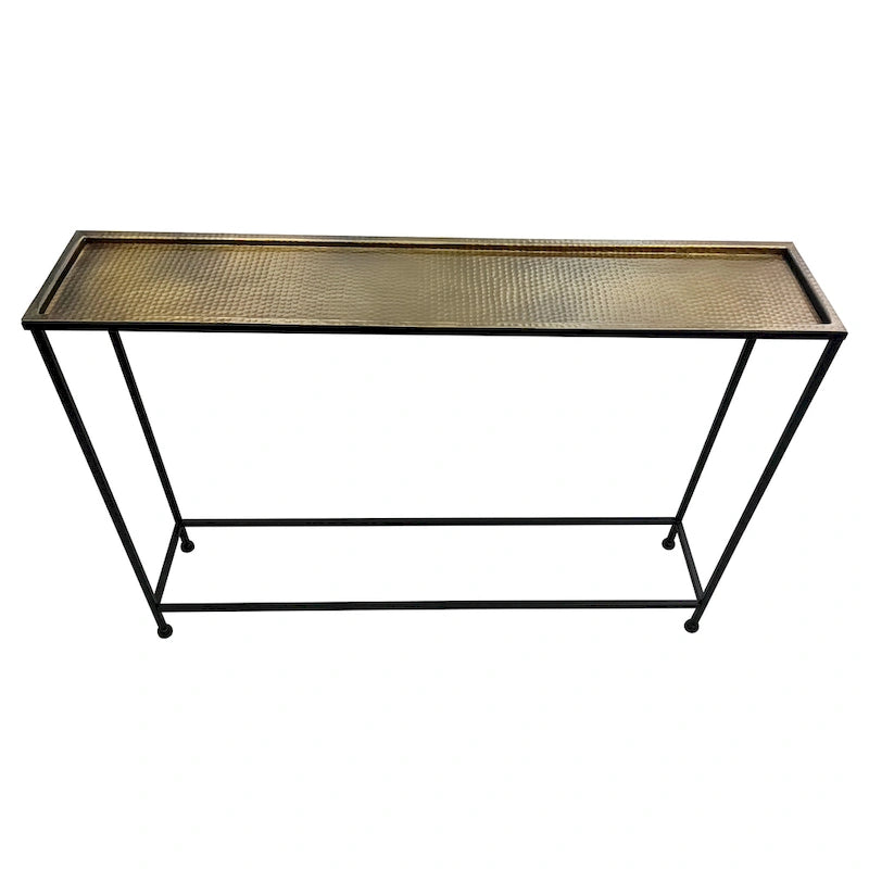 Console de canapé de 48 pouces, plateau en bronze antique martelé artisanal, structure en fer noir industriel