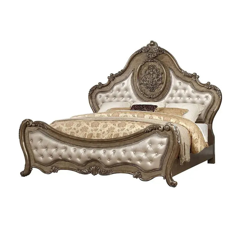 Faux Leather Bed with Button Tufted in Vintage Oak Finish